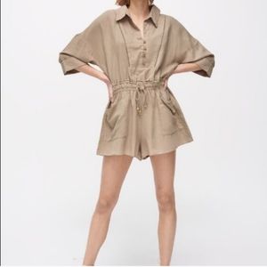 Zara Oversized Linen Romper Button Front Boho Beach Drawstring Waist Beige Sz M